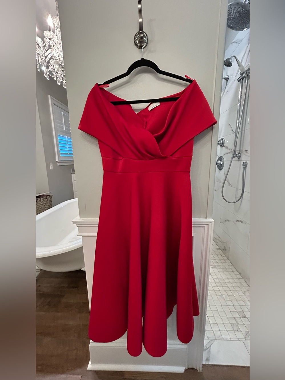 Off-the-Shoulder Red Fit-and-Flare Dress